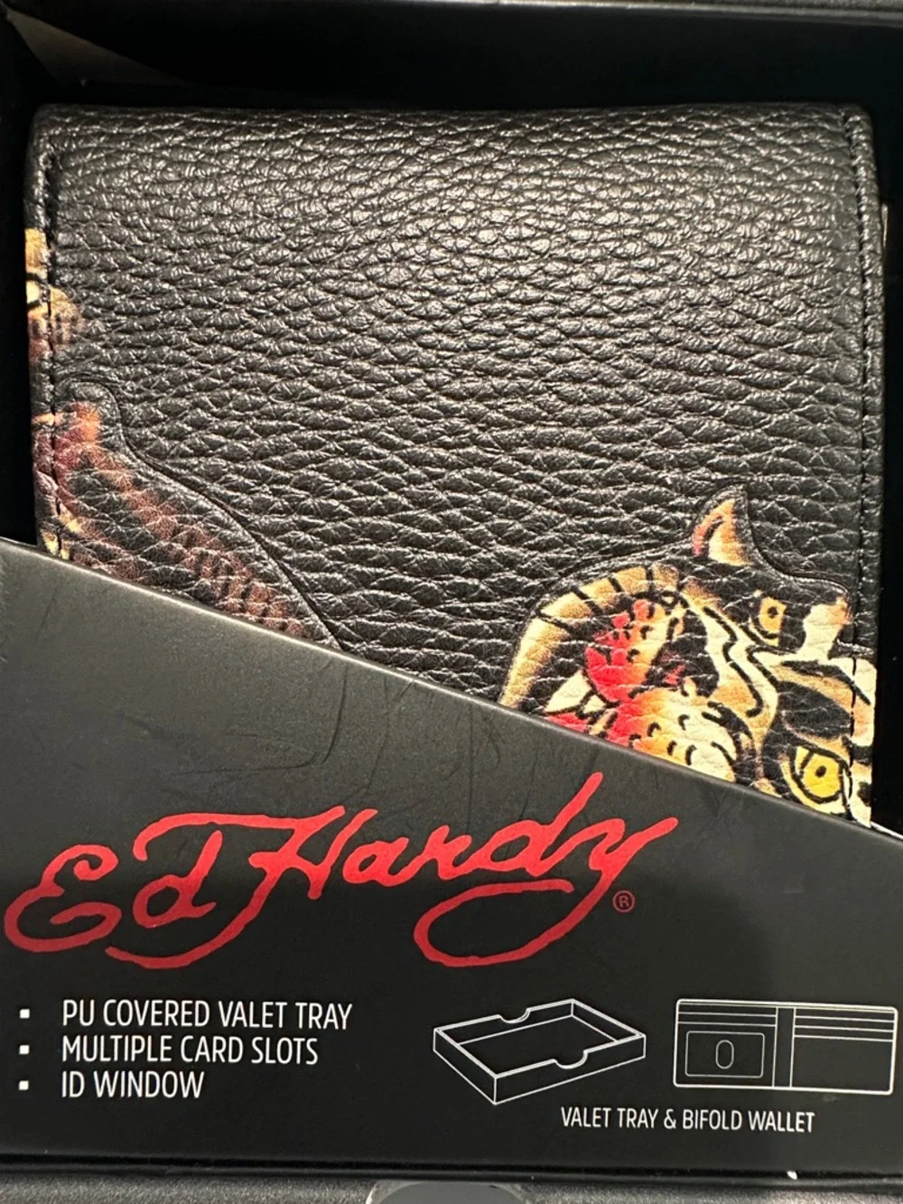 NWT Ed Hardy Men’s Bifold Wallet with Card, ID, Coin and Bill slots.